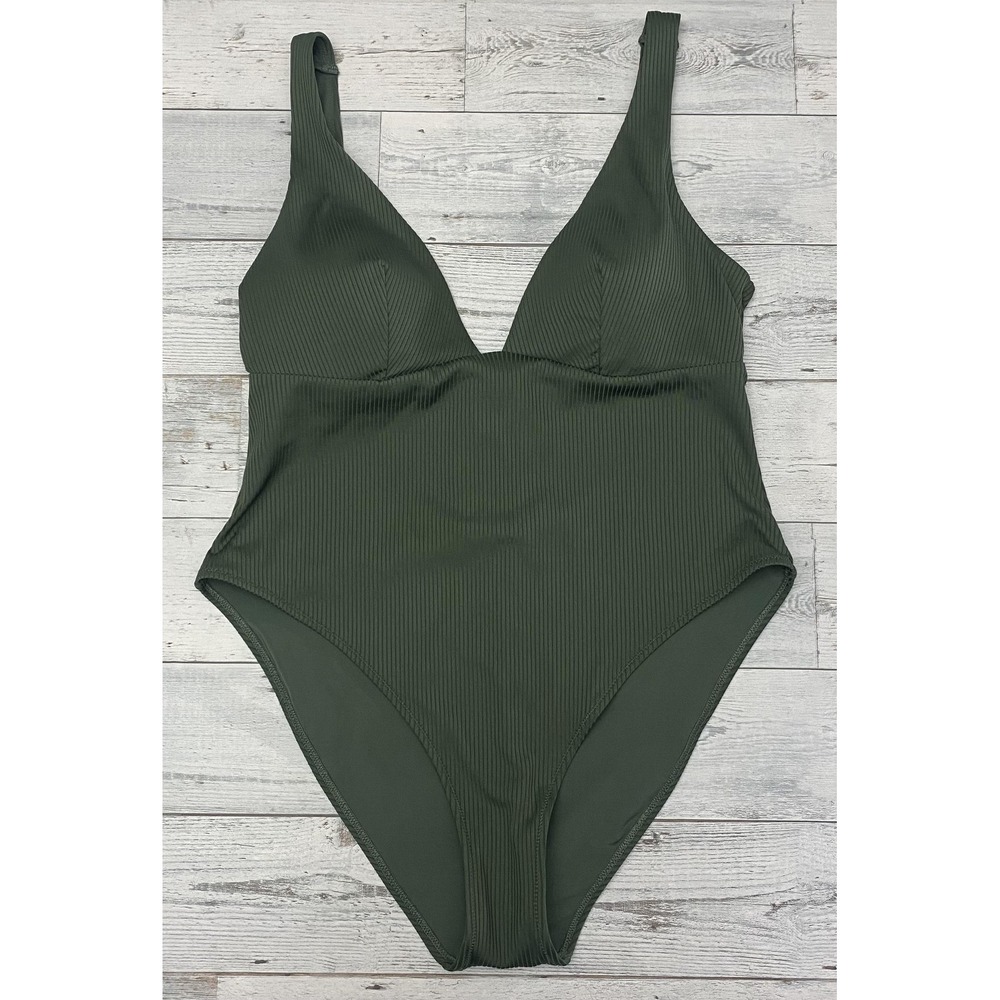 H&M Swimsuit One Piece Womens L Green Ribbed V Neck Padded Lined Swimwear Beach